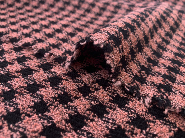 Designer Deadstock – Wool/Acrylic Boucle Houndstooth – Pink/Black