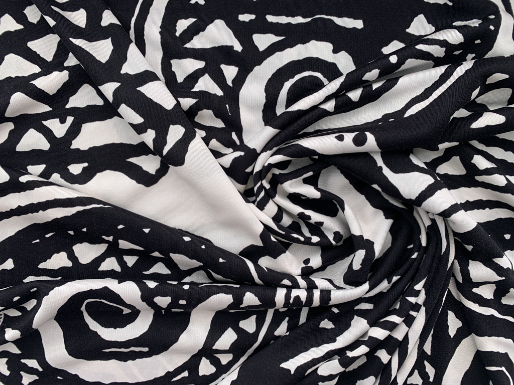 Designer Deadstock - Silk Jersey - Black/White Abstract Swirls ...