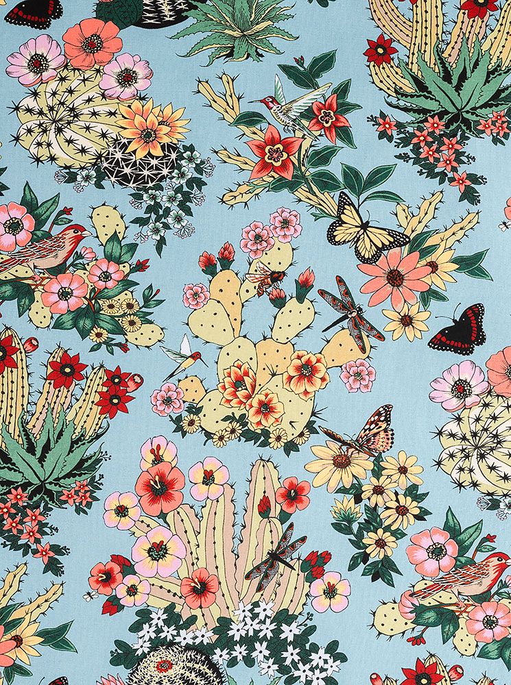 Floral Desert Flowers On Denim Blue Fabric By The Yard - Desert