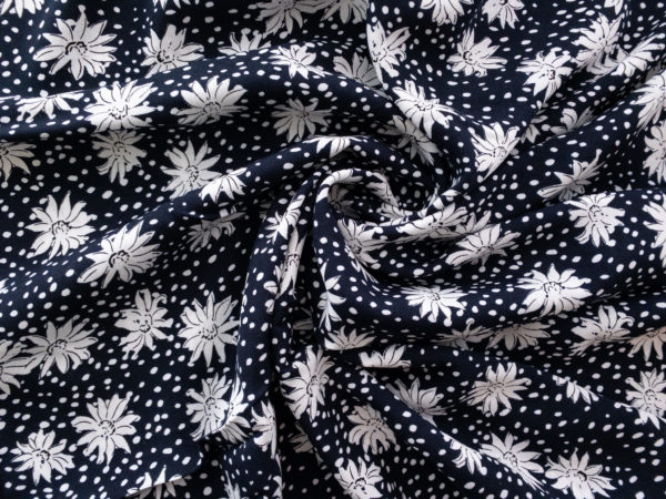 Designer Deadstock - Rayon Challis - Retro Coneflower - Navy/White