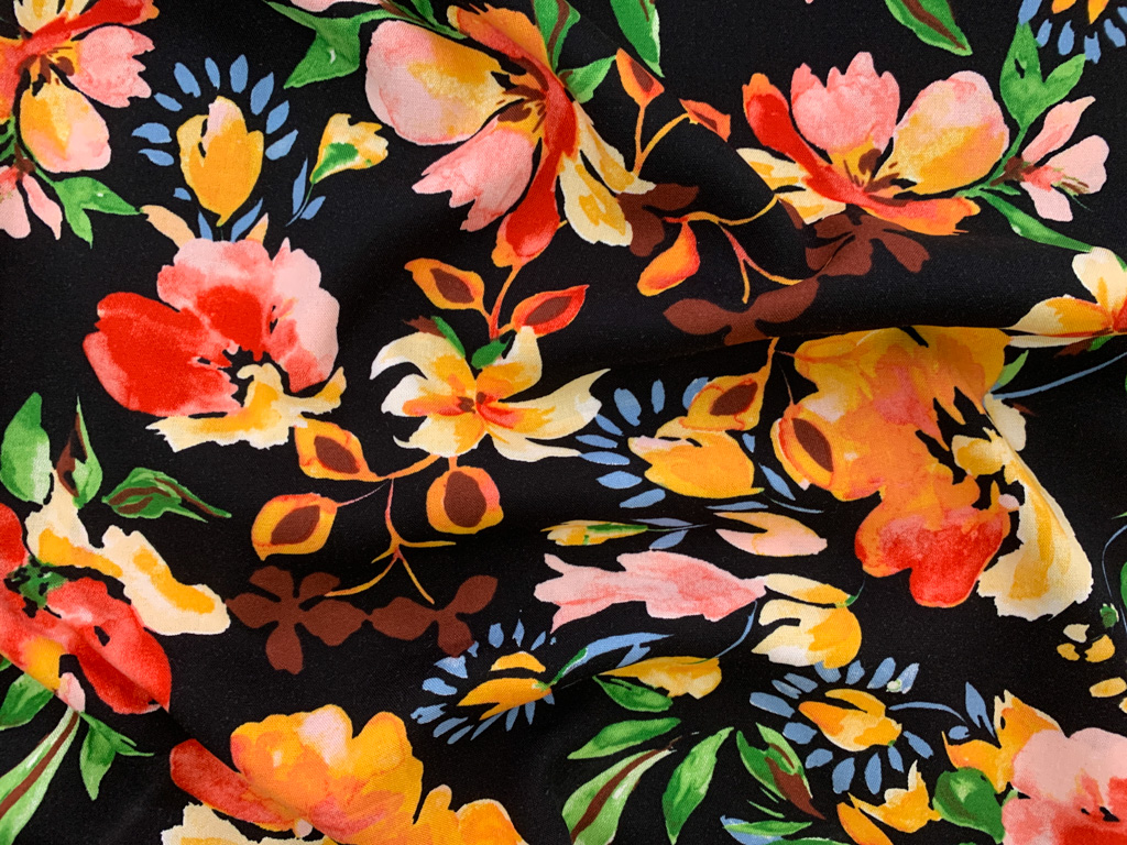 Designer Deadstock - Rayon Challis - Bright Multi Floral on Black ...