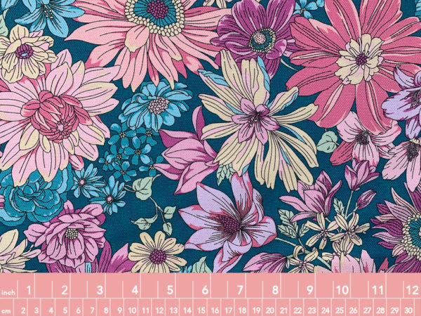 Japanese Cotton Canvas - Groovy Floral - Purple/Teal