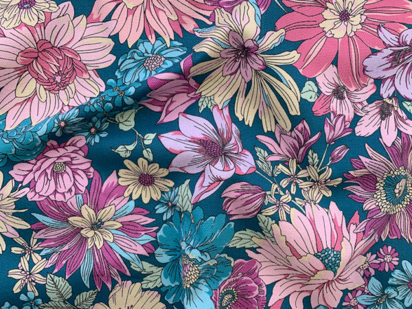 Japanese Cotton Canvas - Groovy Floral - Purple/Teal