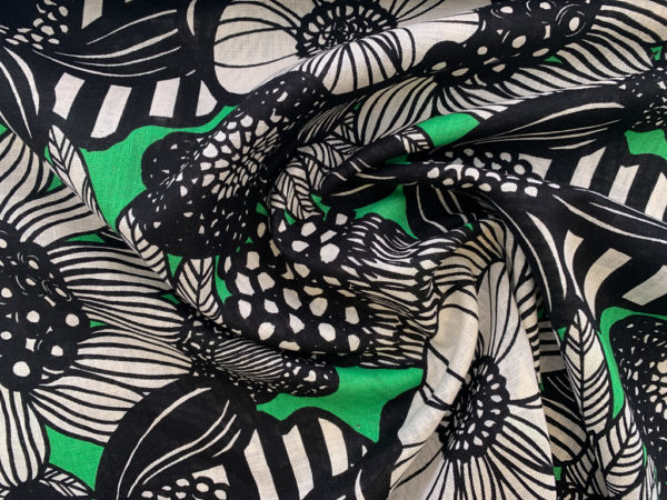 Japanese Cotton/Linen Slub Sheeting - Bold Bouquet - Black/Jade