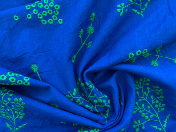 Japanese Embroidered Cotton Gauze - Berries - Cobalt/Green