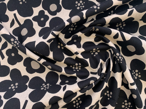 Japanese Cotton/Linen Canvas - Dotty Blossom - Black/Natural