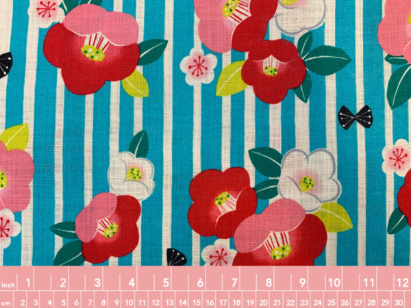 Japanese Cotton Canvas - Teal Stripes w/ Red Flowers