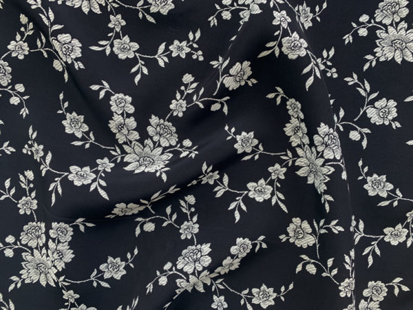 Designer Deadstock – Rayon Textured Jacquard – Floral Vines on Black ...