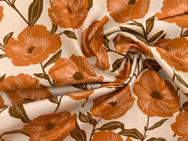 Japanese Cotton/Linen Sheeting - Big Poppies - Orange