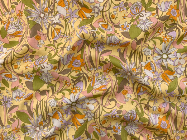 Japanese Cotton Lawn - Funky Floral - Sunshine/Grass