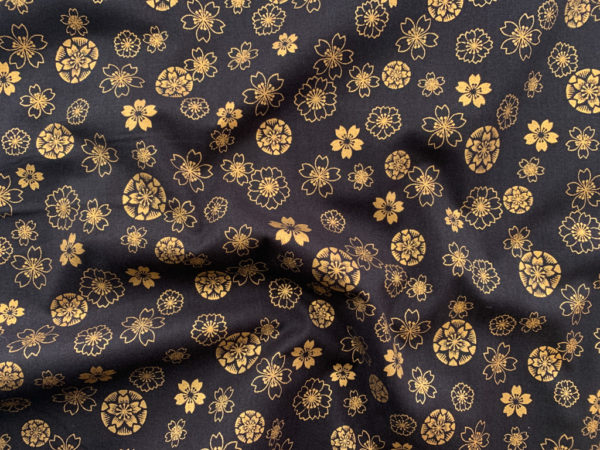 Japanese Cotton Sheeting - Blossoms - Gold Metallic on Black