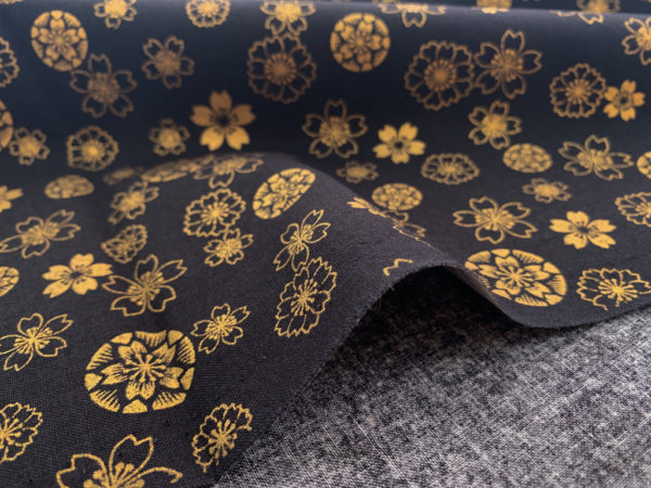 Japanese Cotton Sheeting - Blossoms - Gold Metallic on Black