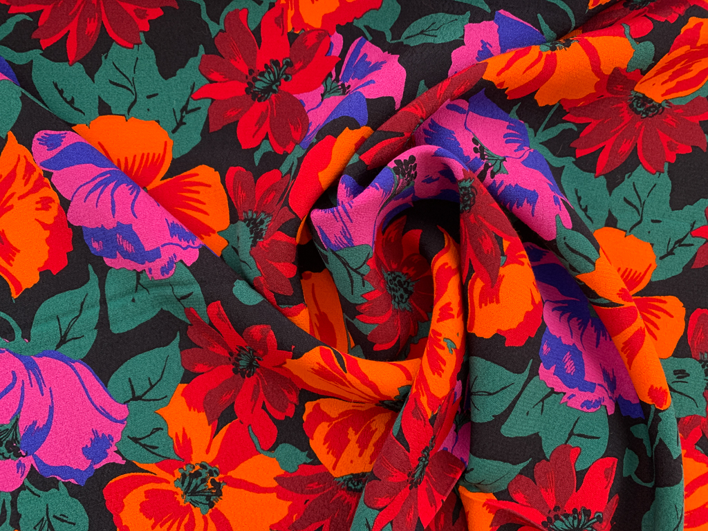 Italian Deadstock - Viscose Crepe - Bright Poppies on Black ...