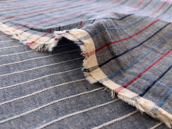 Japanese Cotton/Linen Chambray w/ Raised Stripes - Steel Blue