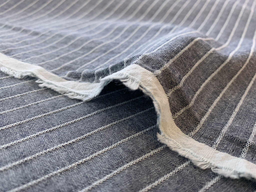 Japanese Cotton/Linen Chambray w/ Raised Stripes - Denim Blue ...