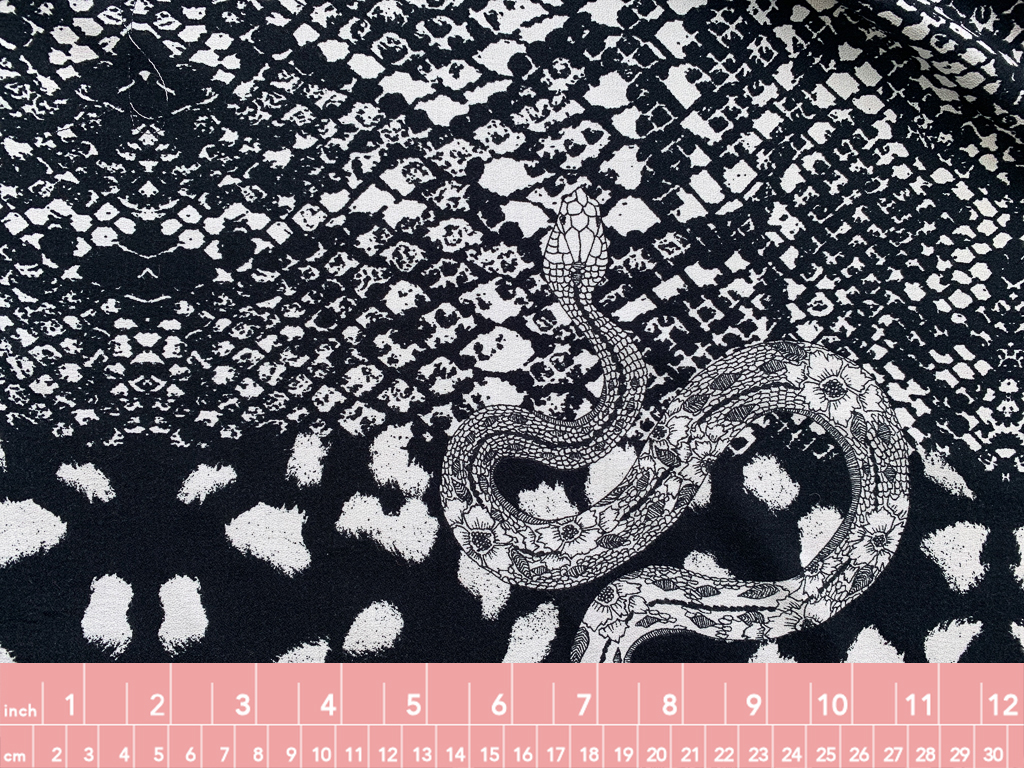 Italian Deadstock - Viscose Crepe Panel - Black/White Snake on Animal Print