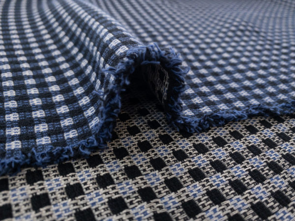 European Designer Deadstock - Stretch Cotton/Polyester Jacquard - Pixel Check - Blue/Black