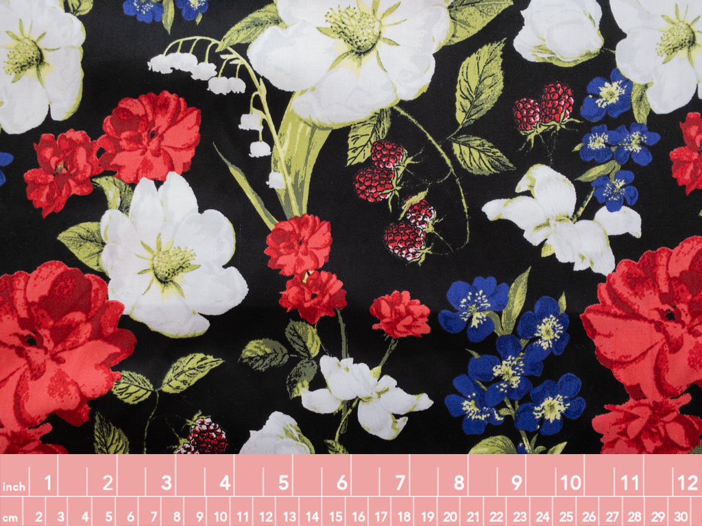 Designer Deadstock - Organic Cotton Sateen – Raspberry Floral – Black ...