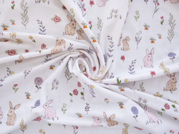 Designer Deadstock – Organic Cotton/Spandex Jersey – Bunnies & Flowers