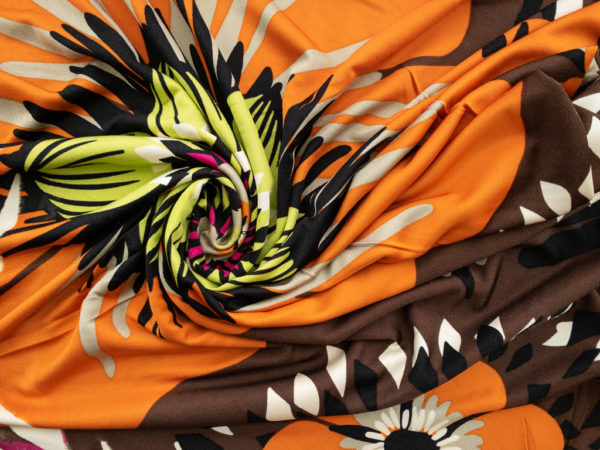 Designer Deadstock - Silk Jersey - Bold Retro Floral - Brown/Orange