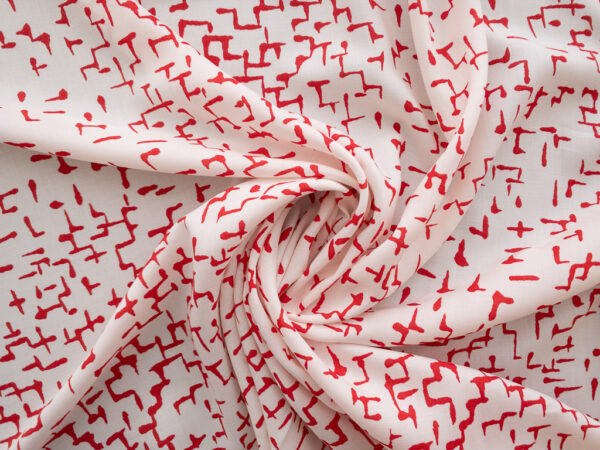 British Designer Deadstock - Rayon Challis - Inked Lines - Red/Cream