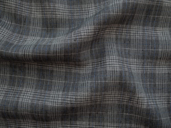 British Designer Deadstock – Yarn Dyed Linen – Charcoal/Blue Plaid