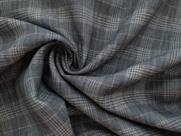 British Designer Deadstock – Yarn Dyed Linen – Charcoal/Blue Plaid