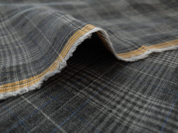 British Designer Deadstock – Yarn Dyed Linen – Charcoal/Blue Plaid