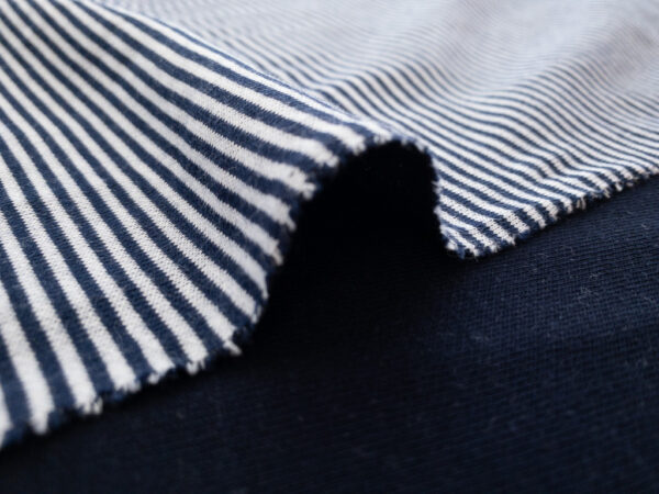 British Designer Deadstock – Viscose/Polyester Double Knit – Navy/White Stripe