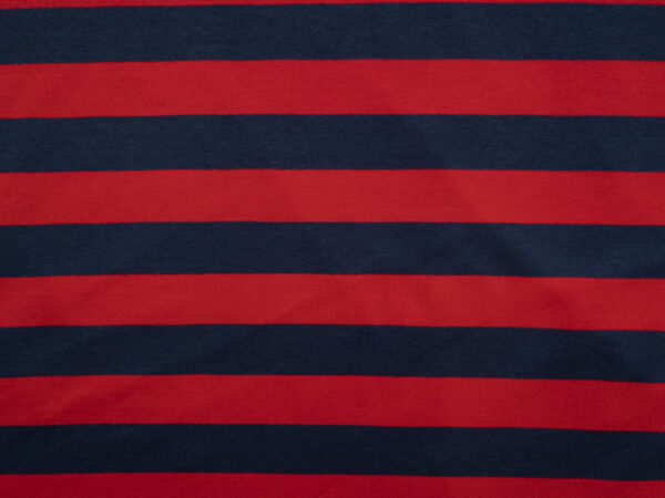 British Designer Deadstock – Viscose/Spandex Jersey – Navy Red Stripe