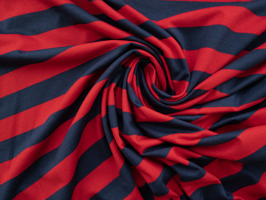 British Designer Deadstock – Viscose/Spandex Jersey – Navy Red Stripe