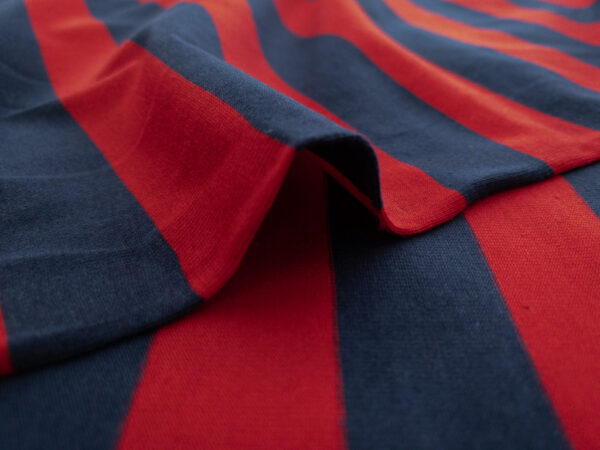 British Designer Deadstock – Viscose/Spandex Jersey – Navy Red Stripe