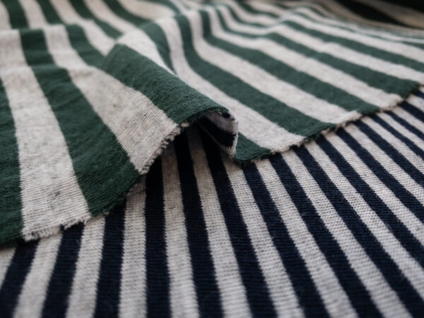 British Designer Deadstock – Viscose/Polyester Double Knit – Green/Navy Stripes