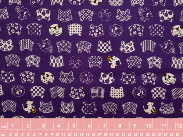 Japanese Cotton Sheeting - Wagara Cats - Royal Purple