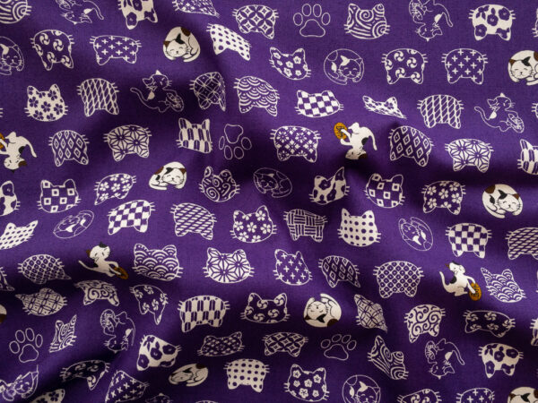 Japanese Cotton Sheeting - Wagara Cats - Royal Purple