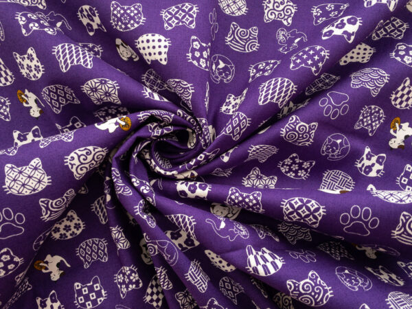 Japanese Cotton Sheeting - Wagara Cats - Royal Purple