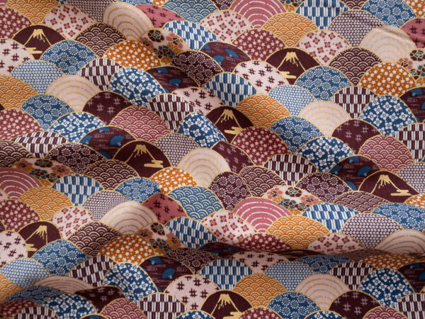 Japanese Cotton Sheeting - Wagara Waves - Maroon/Gold