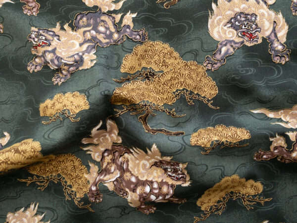 Japanese Cotton Sheeting - Guardian Lions - Sage/Gold