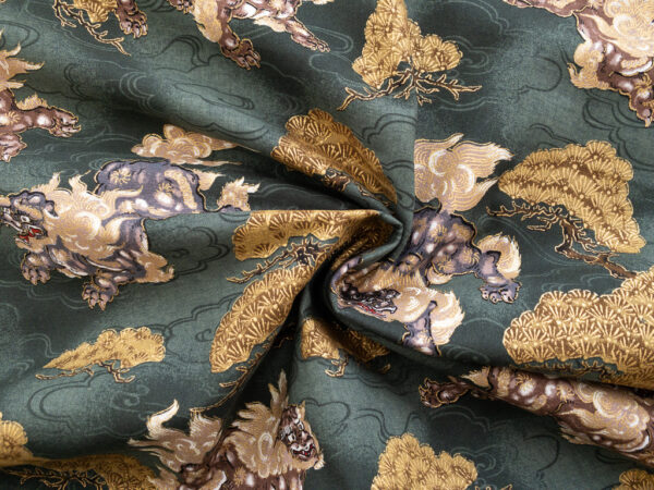 Japanese Cotton Sheeting - Guardian Lions - Sage/Gold