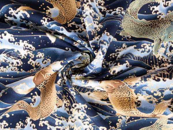 Japanese Cotton Sheeting - Large Koi - Navy/Gold