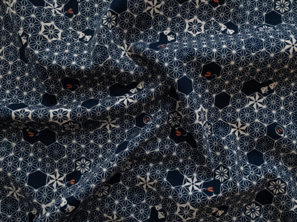 Japanese Cotton Sheeting - Rabbits and Hexagons - Indigo