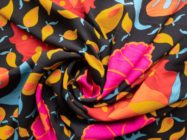 Viscose Voile Print - Bold Paisley - Black/Orange