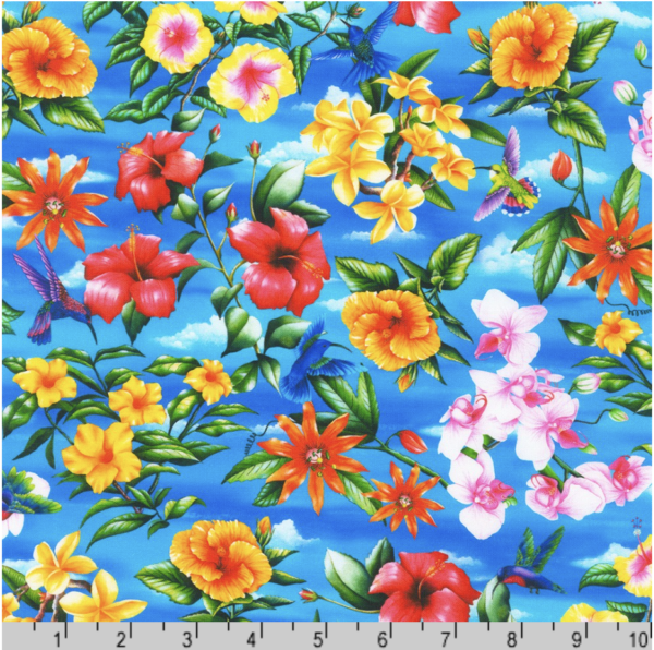 Quilting Cotton – Tropical Canyon - Floral Sky - Hummingbird