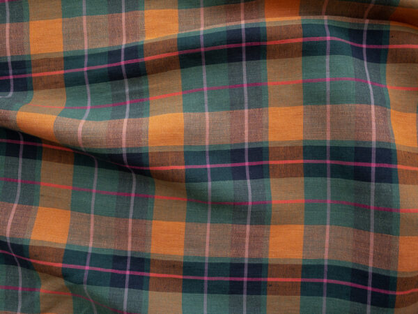 British Designer Deadstock - Linen/Viscose Yarn Dyed - Orange/Green Plaid