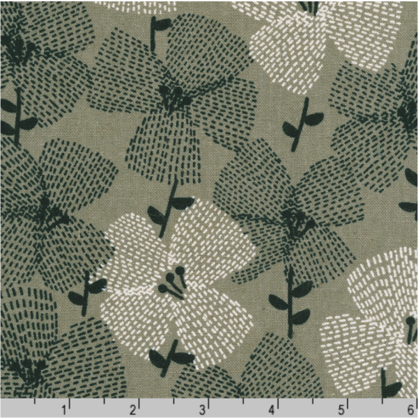 Printed Cotton/Flax Canvas – Dashed Flower – Grey