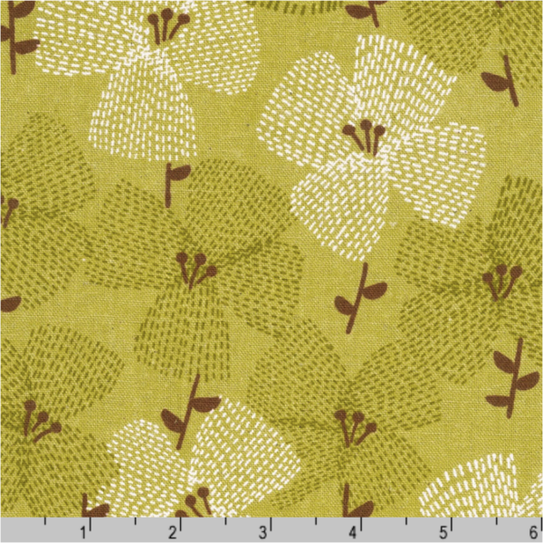 Printed Cotton/Flax Canvas – Dashed Flower – Avocado