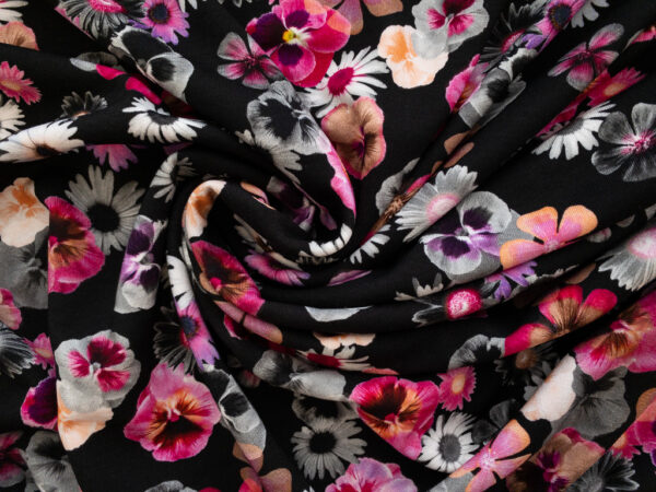 European Designer Deadstock - Printed Viscose/Spandex Ponte - Dark Floral - Black/Pink