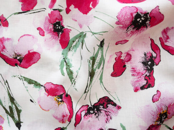 Designer Deadstock - Printed Linen - Painted Floral - Pink/White