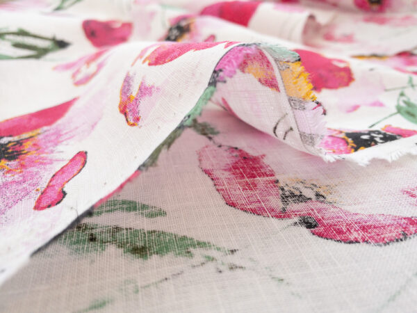 Designer Deadstock - Printed Linen - Painted Floral - Pink/White