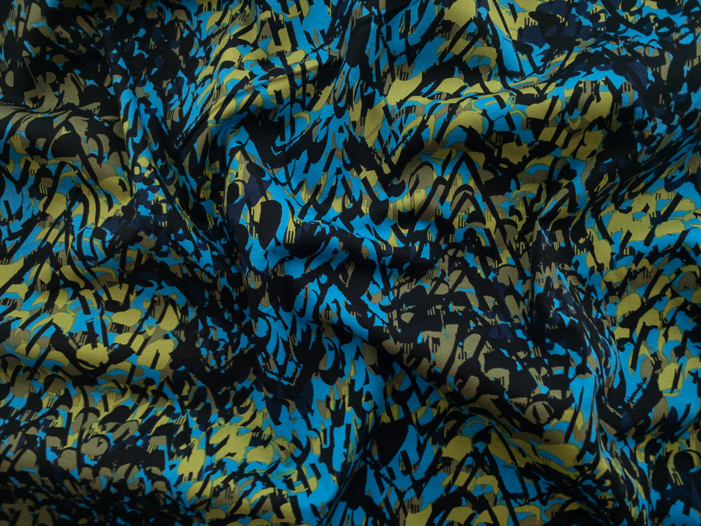 Designer Deadstock - Cotton Stretch Poplin - Abstract Chevron - Blue/Olive